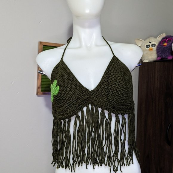 Hand Crafted Green Crochet Fringe Top Cactus Applique M - Picture 4 of 5